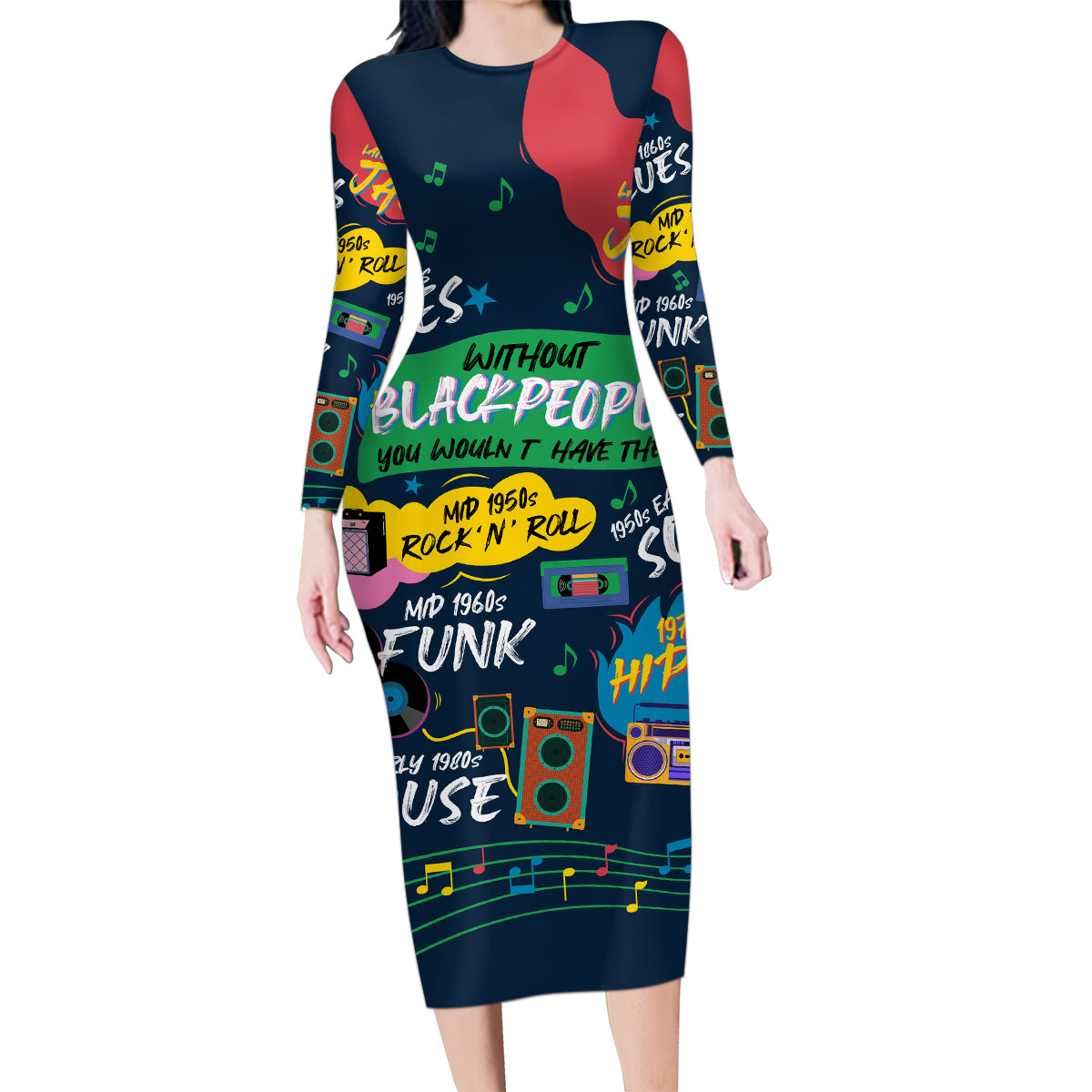 Music That Makes Us Proud African Family Matching Long Sleeve Bodycon Dress and Hawaiian Shirt Black People - Wonder Print Shop