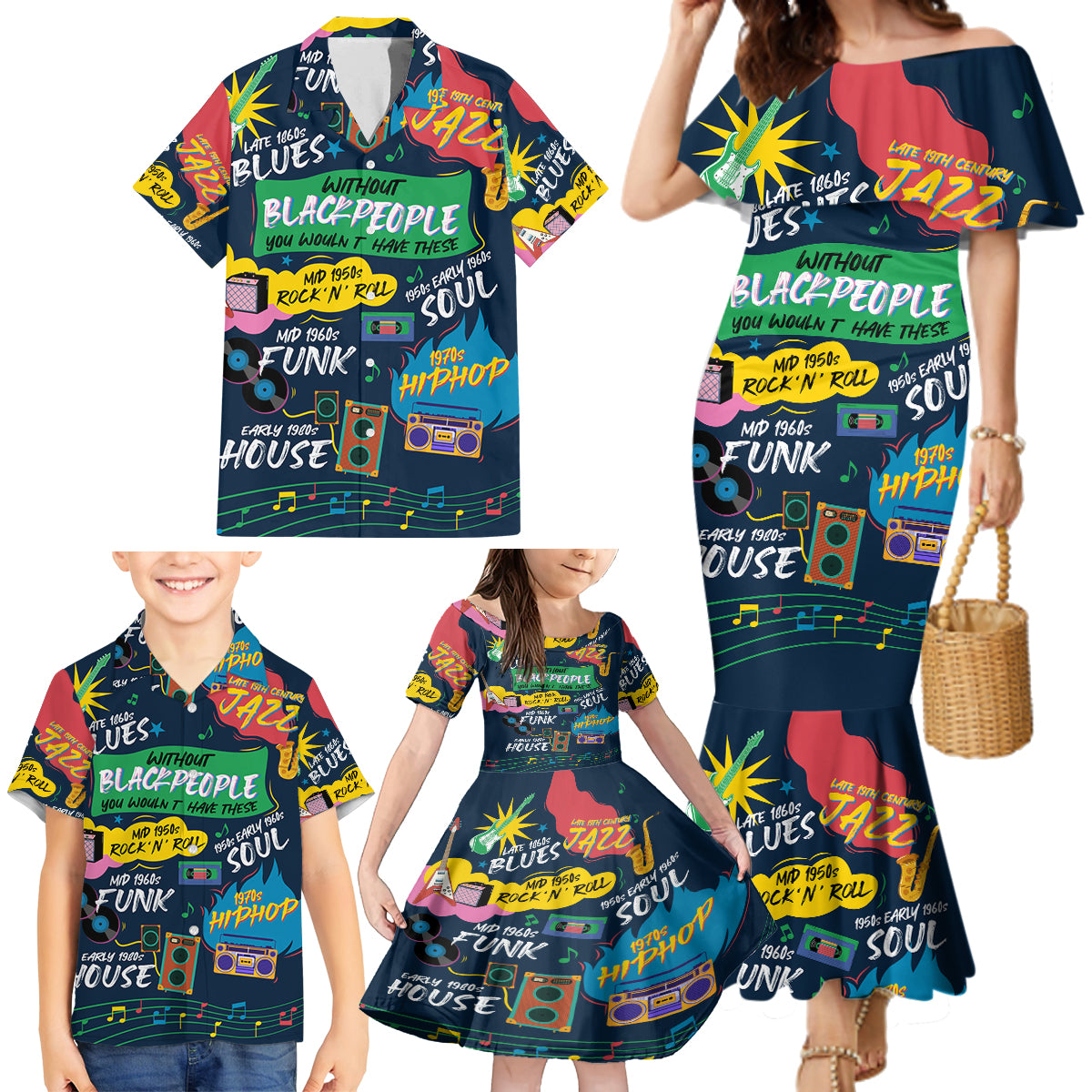 Music That Makes Us Proud African Family Matching Mermaid Dress and Hawaiian Shirt Black People - Wonder Print Shop