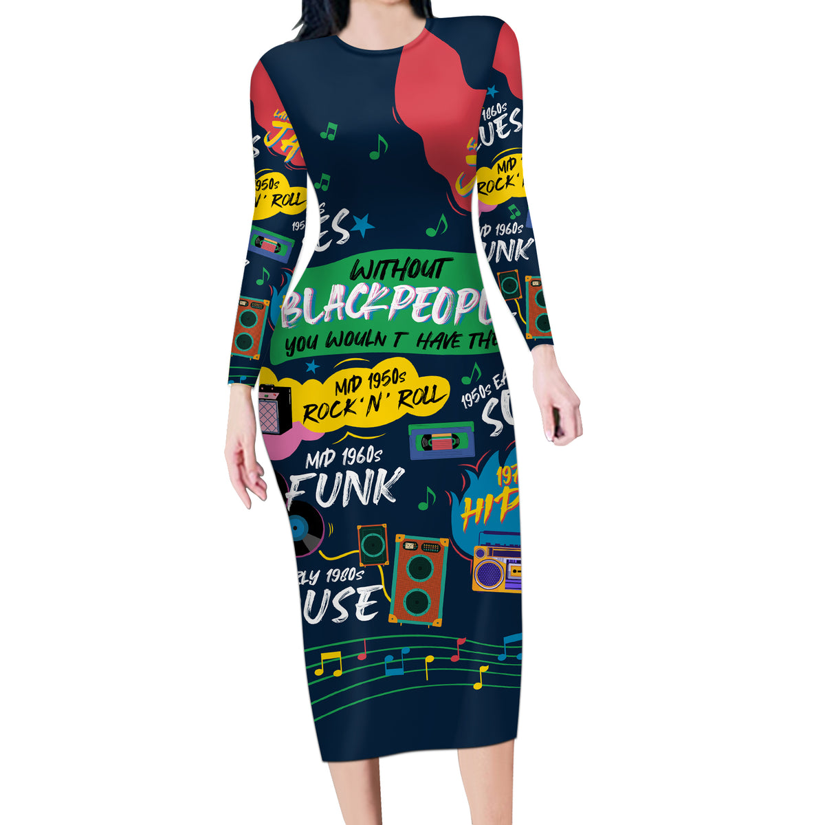 Music That Makes Us Proud African Long Sleeve Bodycon Dress Black People - Wonder Print Shop