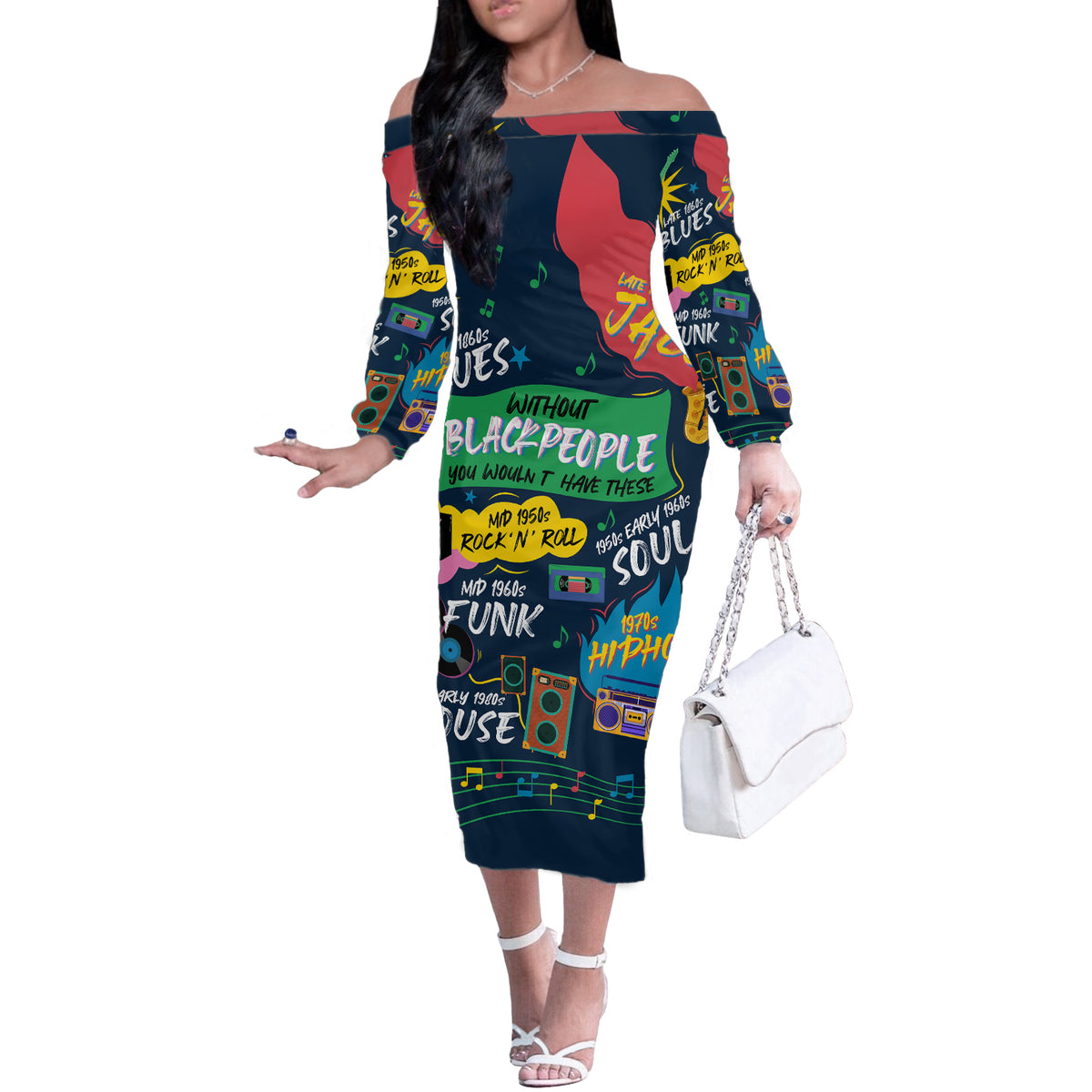 Music That Makes Us Proud African Off The Shoulder Long Sleeve Dress Black People - Wonder Print Shop