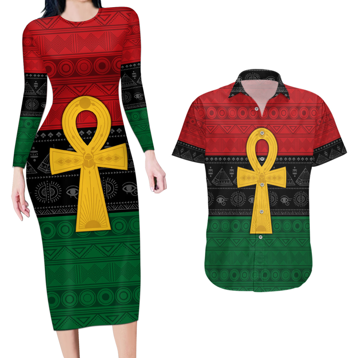 Pan African Ankh Couples Matching Long Sleeve Bodycon Dress and Hawaiian Shirt Egyptian Cross - Wonder Print Shop