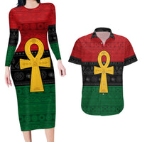 Pan African Ankh Couples Matching Long Sleeve Bodycon Dress and Hawaiian Shirt Egyptian Cross - Wonder Print Shop