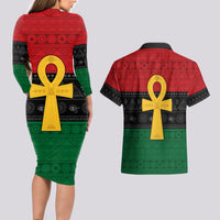 Pan African Ankh Couples Matching Long Sleeve Bodycon Dress and Hawaiian Shirt Egyptian Cross - Wonder Print Shop