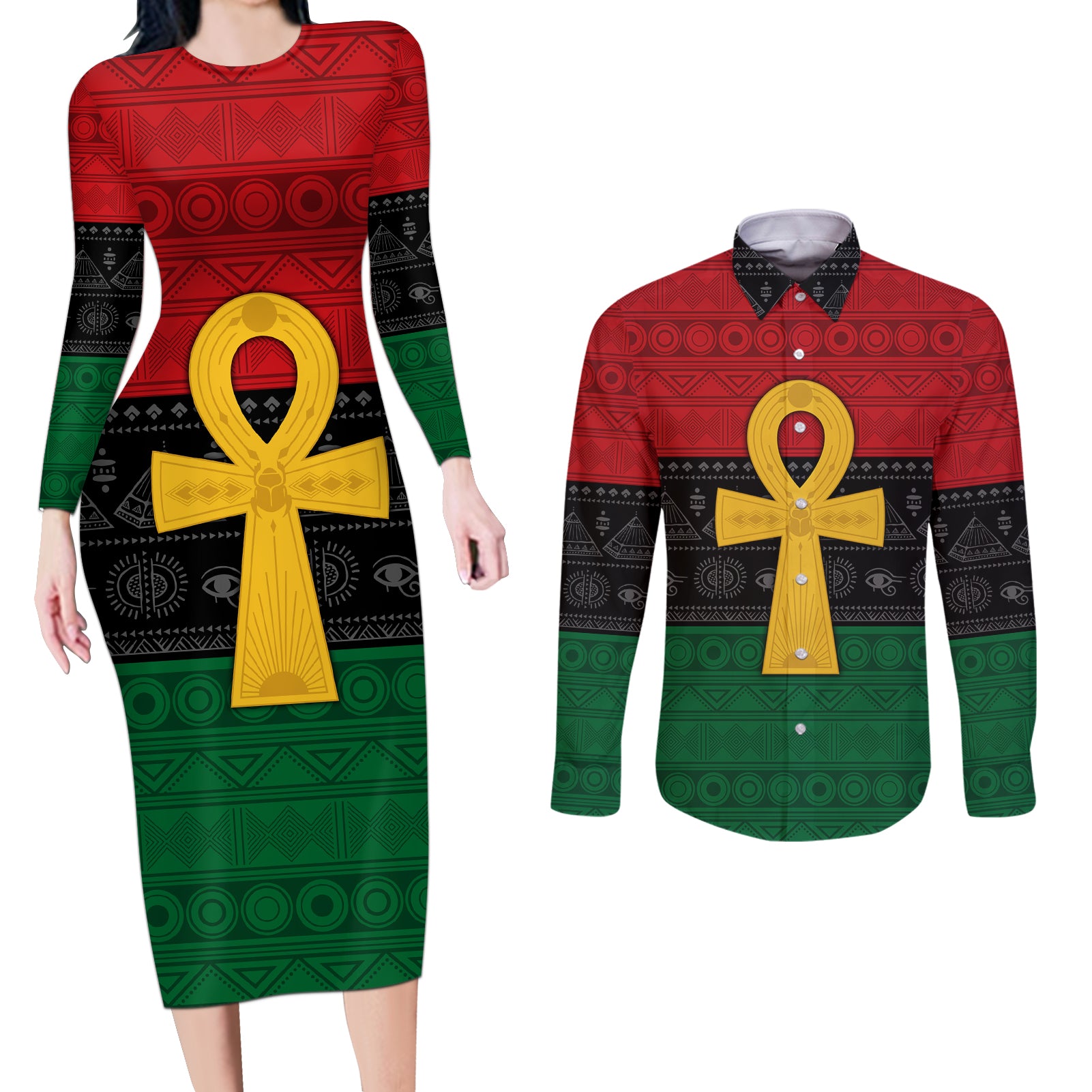 Pan African Ankh Couples Matching Long Sleeve Bodycon Dress and Long Sleeve Button Shirt Egyptian Cross