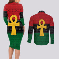Pan African Ankh Couples Matching Long Sleeve Bodycon Dress and Long Sleeve Button Shirt Egyptian Cross - Wonder Print Shop
