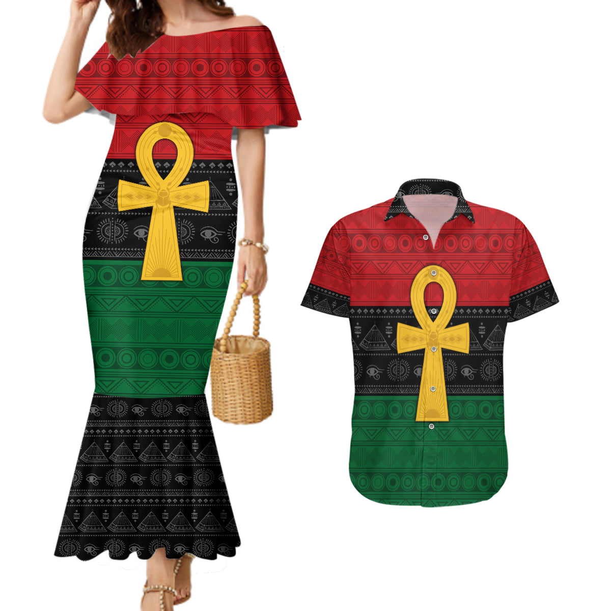 Pan African Ankh Couples Matching Mermaid Dress and Hawaiian Shirt Egyptian Cross