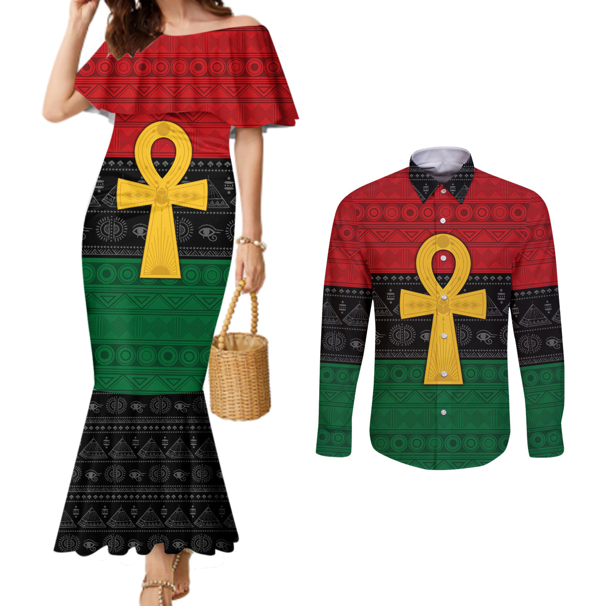 Pan African Ankh Couples Matching Mermaid Dress and Long Sleeve Button Shirt Egyptian Cross