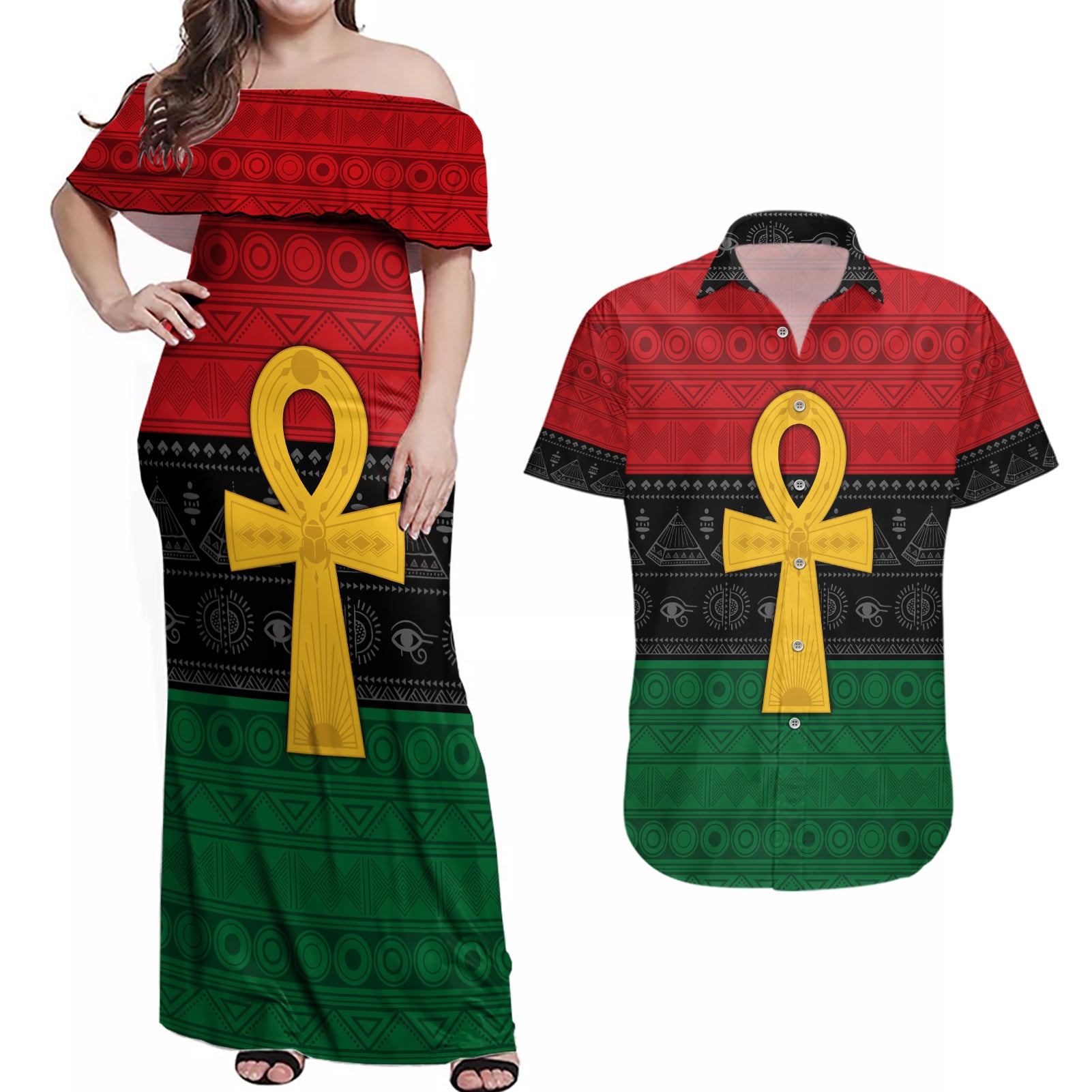 Pan African Ankh Couples Matching Off Shoulder Maxi Dress and Hawaiian Shirt Egyptian Cross