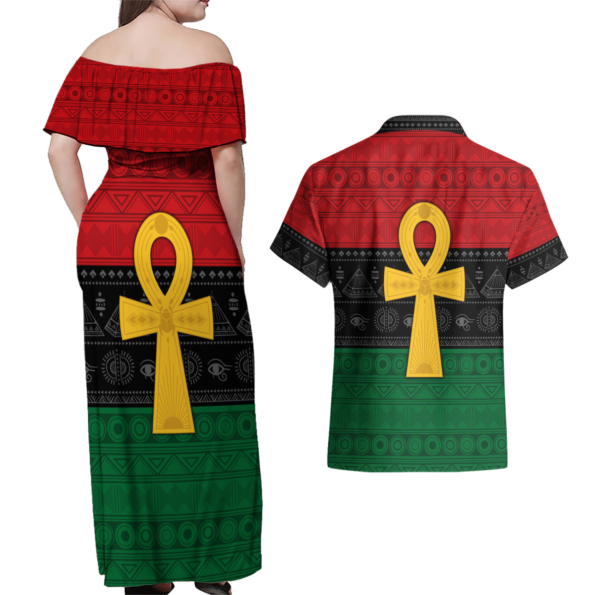 Pan African Ankh Couples Matching Off Shoulder Maxi Dress and Hawaiian Shirt Egyptian Cross - Wonder Print Shop