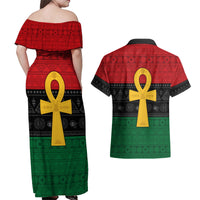 Pan African Ankh Couples Matching Off Shoulder Maxi Dress and Hawaiian Shirt Egyptian Cross - Wonder Print Shop
