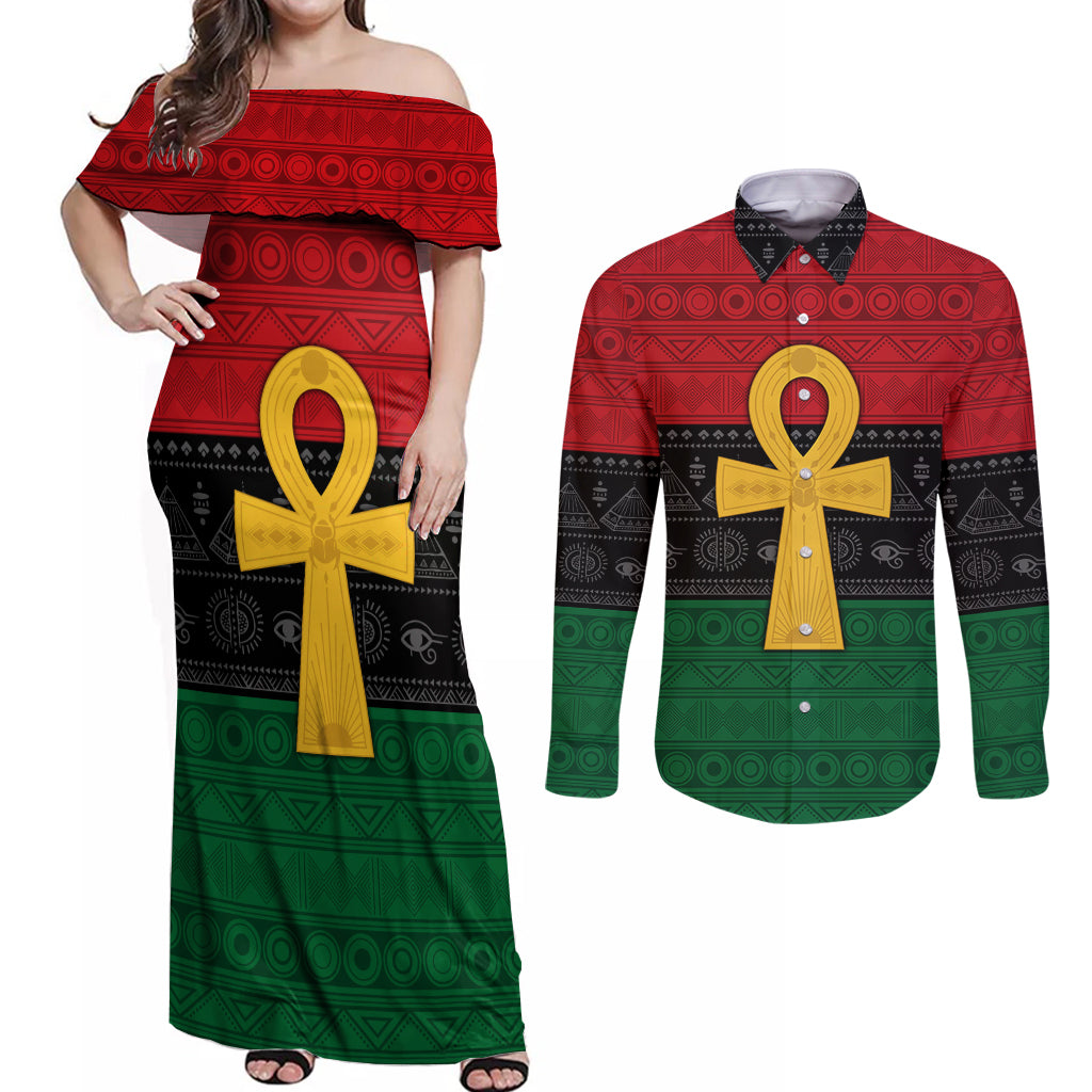 Pan African Ankh Couples Matching Off Shoulder Maxi Dress and Long Sleeve Button Shirt Egyptian Cross - Wonder Print Shop