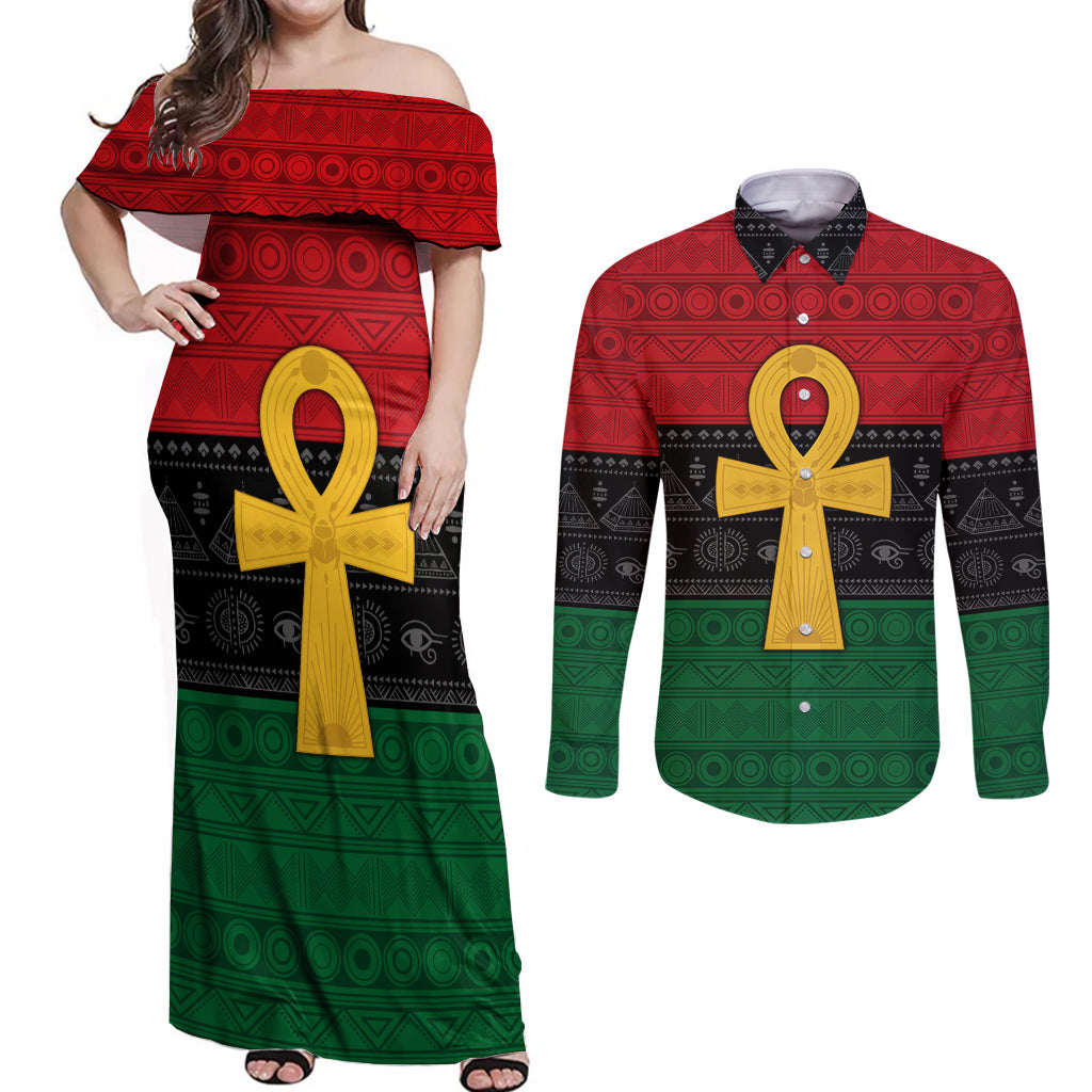 Pan African Ankh Couples Matching Off Shoulder Maxi Dress and Long Sleeve Button Shirt Egyptian Cross