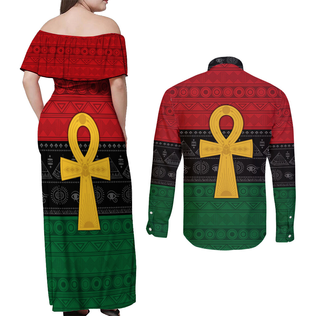 Pan African Ankh Couples Matching Off Shoulder Maxi Dress and Long Sleeve Button Shirt Egyptian Cross - Wonder Print Shop