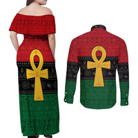 Pan African Ankh Couples Matching Off Shoulder Maxi Dress and Long Sleeve Button Shirt Egyptian Cross - Wonder Print Shop