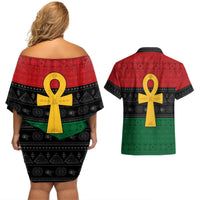 Pan African Ankh Couples Matching Off Shoulder Short Dress and Hawaiian Shirt Egyptian Cross - Wonder Print Shop