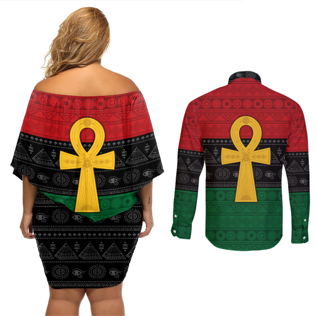 Pan African Ankh Couples Matching Off Shoulder Short Dress and Long Sleeve Button Shirt Egyptian Cross - Wonder Print Shop