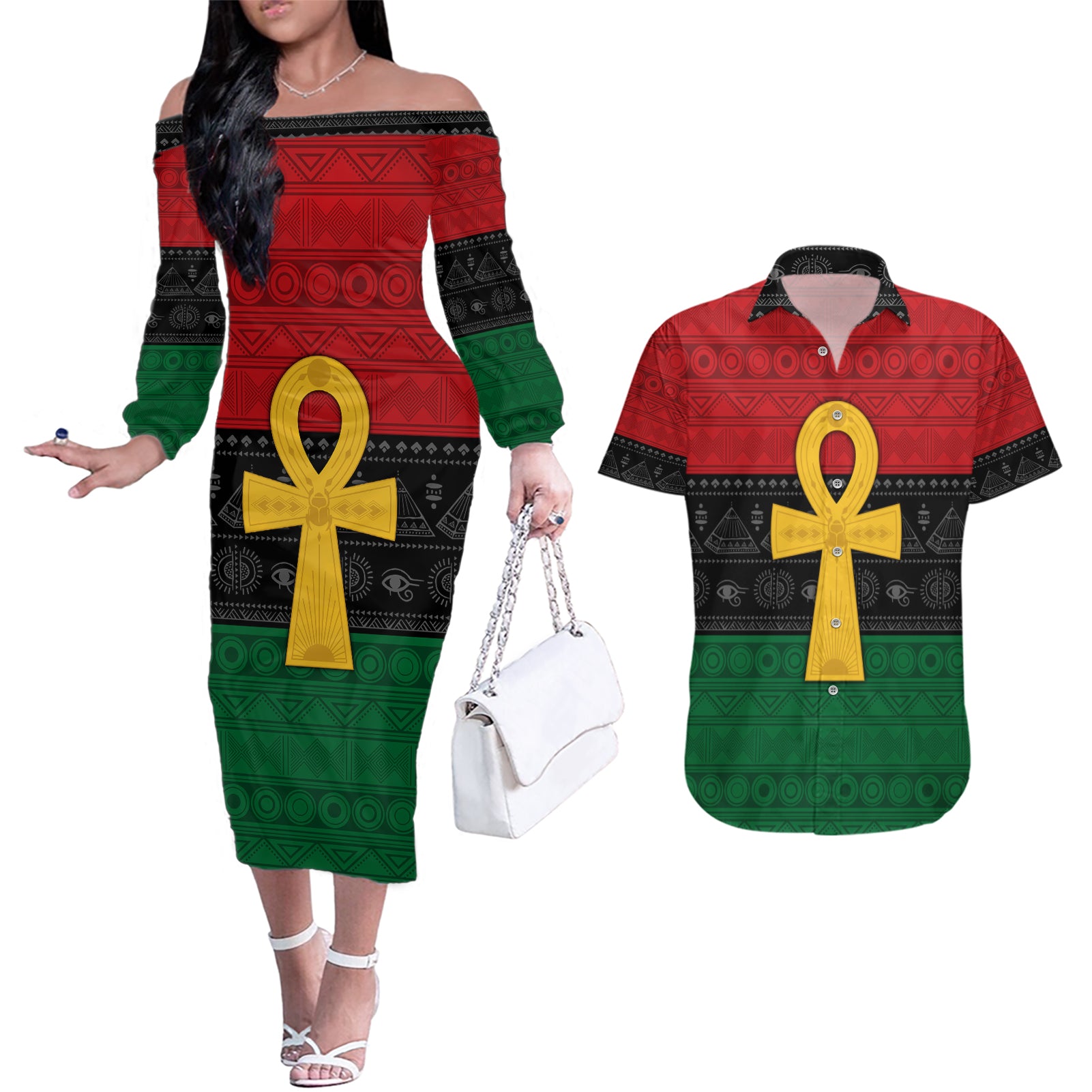 Pan African Ankh Couples Matching Off The Shoulder Long Sleeve Dress and Hawaiian Shirt Egyptian Cross