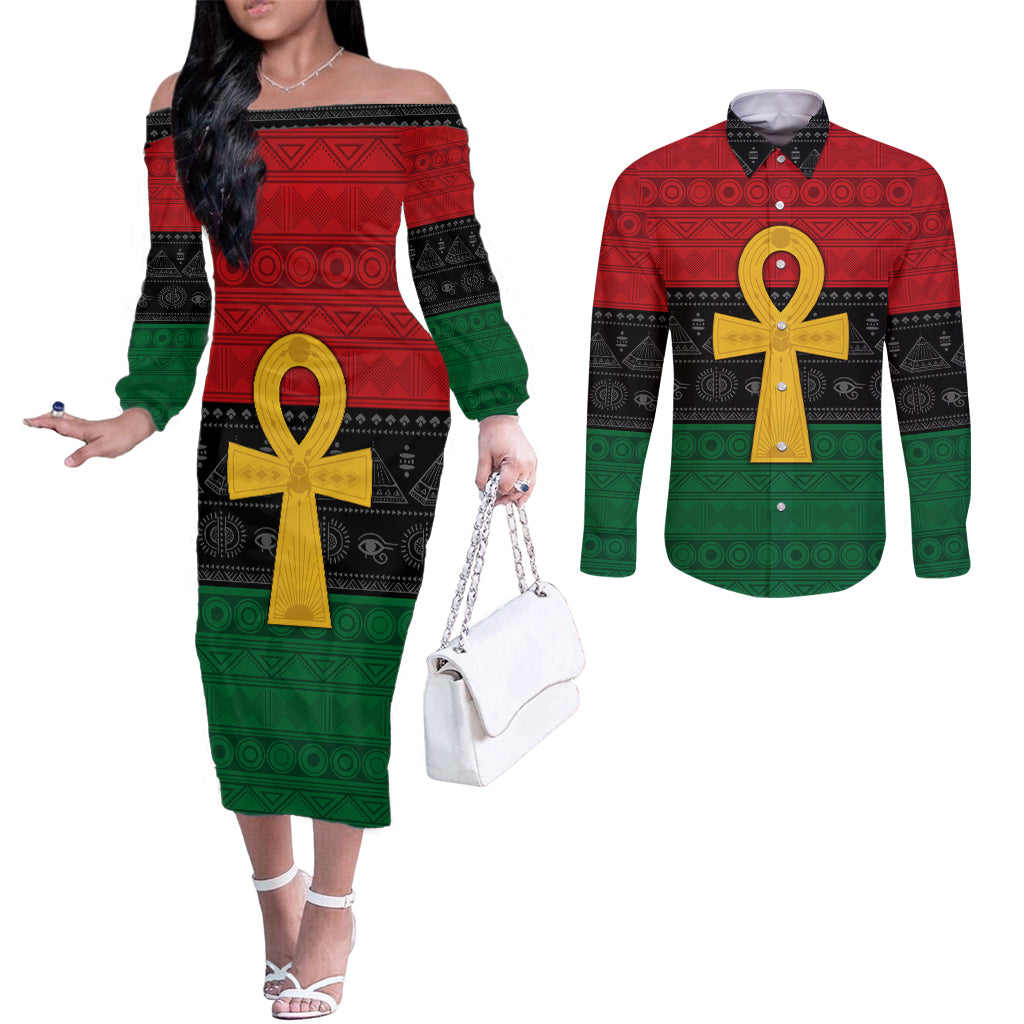 Pan African Ankh Couples Matching Off The Shoulder Long Sleeve Dress and Long Sleeve Button Shirt Egyptian Cross