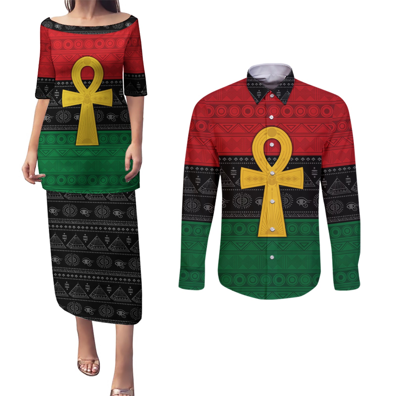 Pan African Ankh Couples Matching Puletasi and Long Sleeve Button Shirt Egyptian Cross