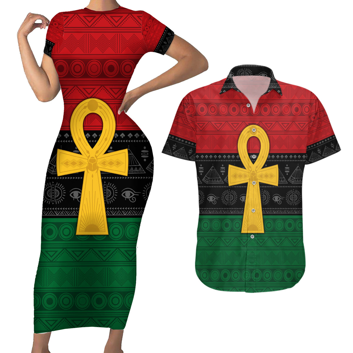 Pan African Ankh Couples Matching Short Sleeve Bodycon Dress and Hawaiian Shirt Egyptian Cross - Wonder Print Shop
