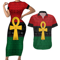 Pan African Ankh Couples Matching Short Sleeve Bodycon Dress and Hawaiian Shirt Egyptian Cross - Wonder Print Shop