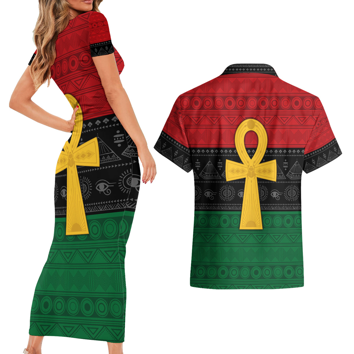 Pan African Ankh Couples Matching Short Sleeve Bodycon Dress and Hawaiian Shirt Egyptian Cross - Wonder Print Shop