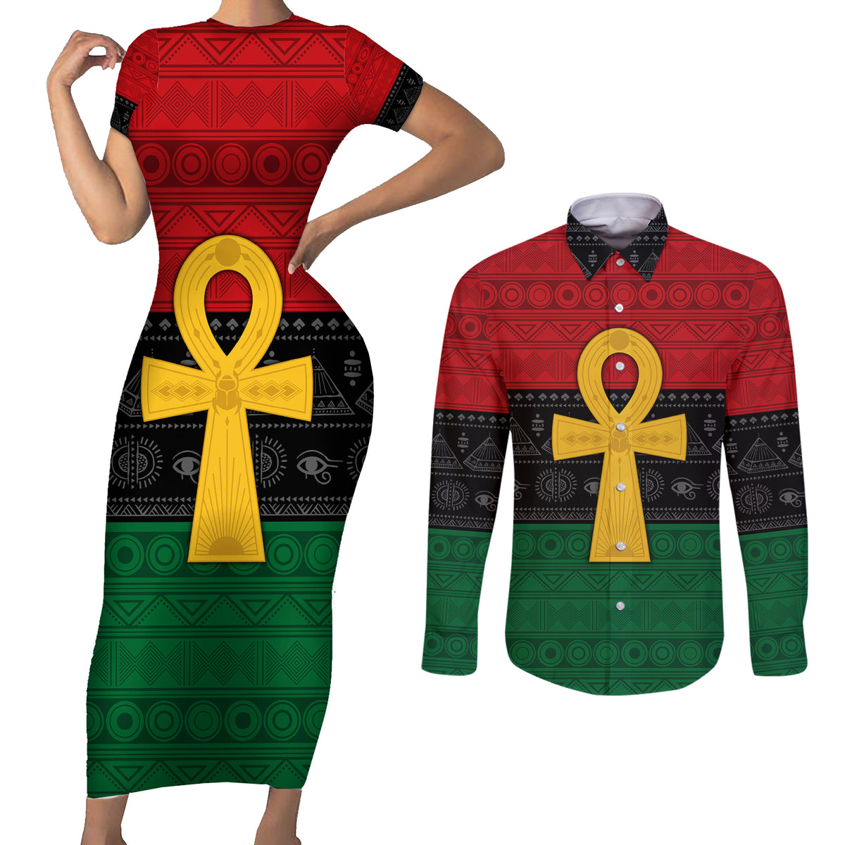 Pan African Ankh Couples Matching Short Sleeve Bodycon Dress and Long Sleeve Button Shirt Egyptian Cross - Wonder Print Shop