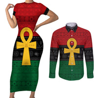 Pan African Ankh Couples Matching Short Sleeve Bodycon Dress and Long Sleeve Button Shirt Egyptian Cross - Wonder Print Shop