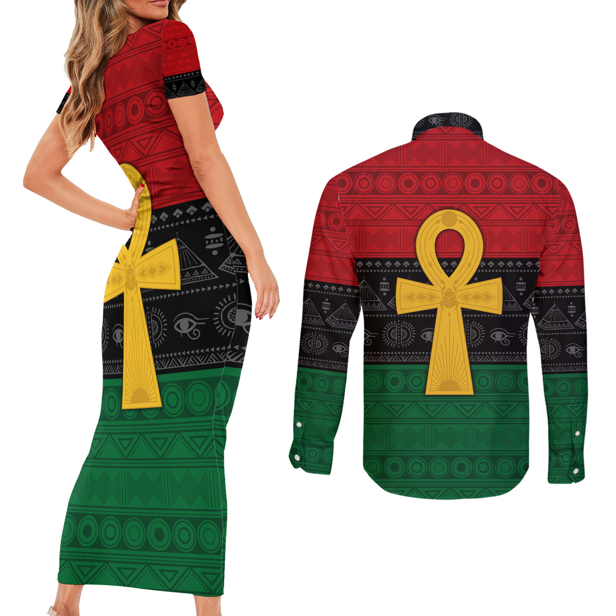 Pan African Ankh Couples Matching Short Sleeve Bodycon Dress and Long Sleeve Button Shirt Egyptian Cross - Wonder Print Shop