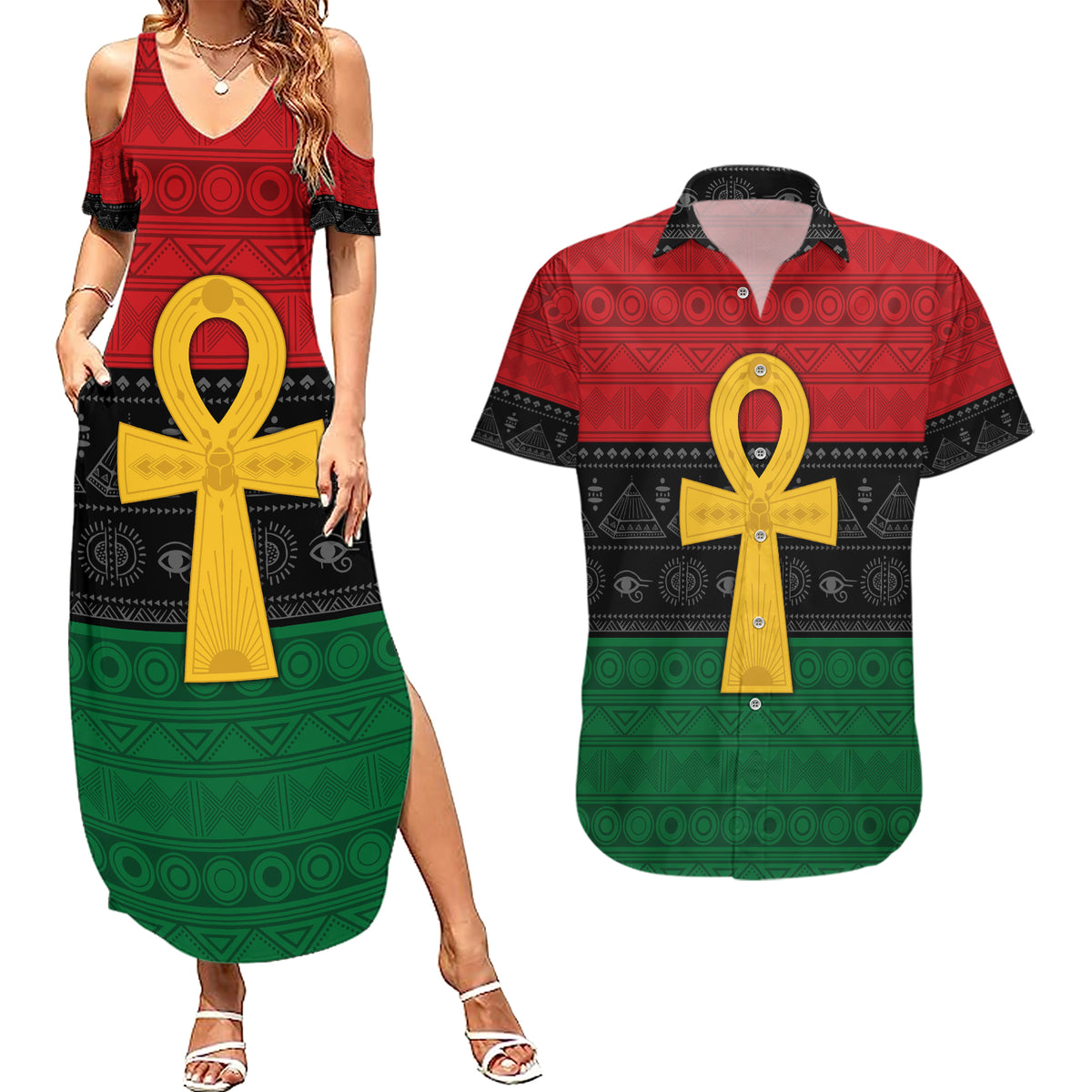 Pan African Ankh Couples Matching Summer Maxi Dress and Hawaiian Shirt Egyptian Cross - Wonder Print Shop