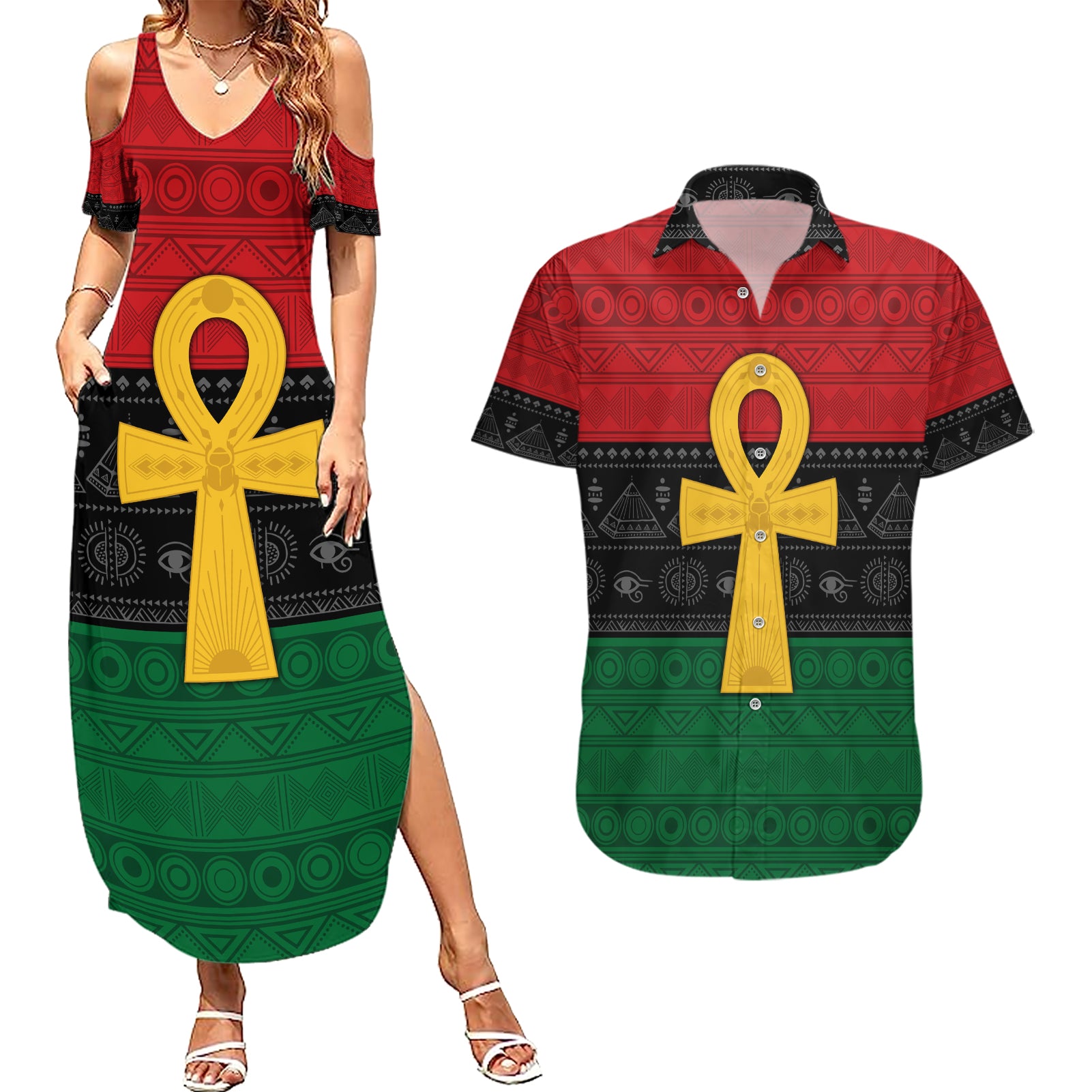 Pan African Ankh Couples Matching Summer Maxi Dress and Hawaiian Shirt Egyptian Cross
