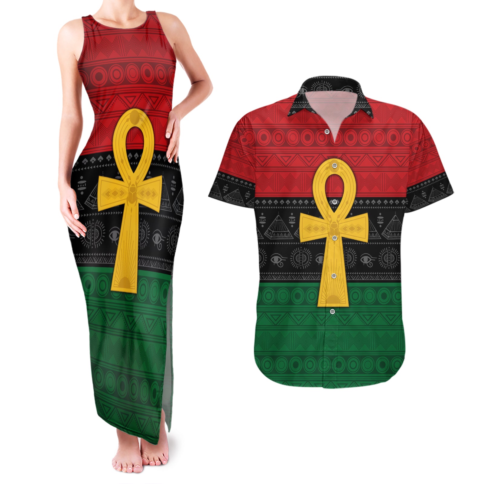 Pan African Ankh Couples Matching Tank Maxi Dress and Hawaiian Shirt Egyptian Cross - Wonder Print Shop