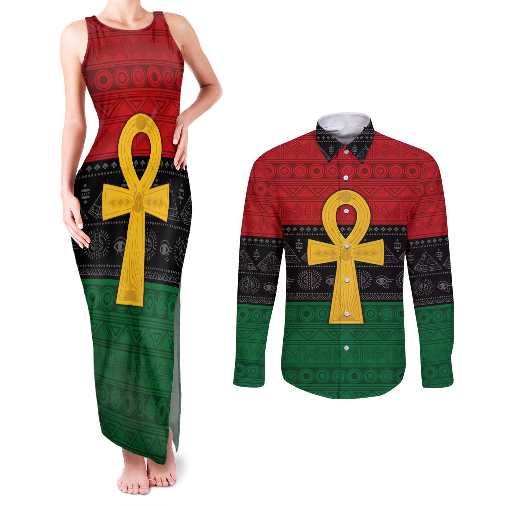 Pan African Ankh Couples Matching Tank Maxi Dress and Long Sleeve Button Shirt Egyptian Cross