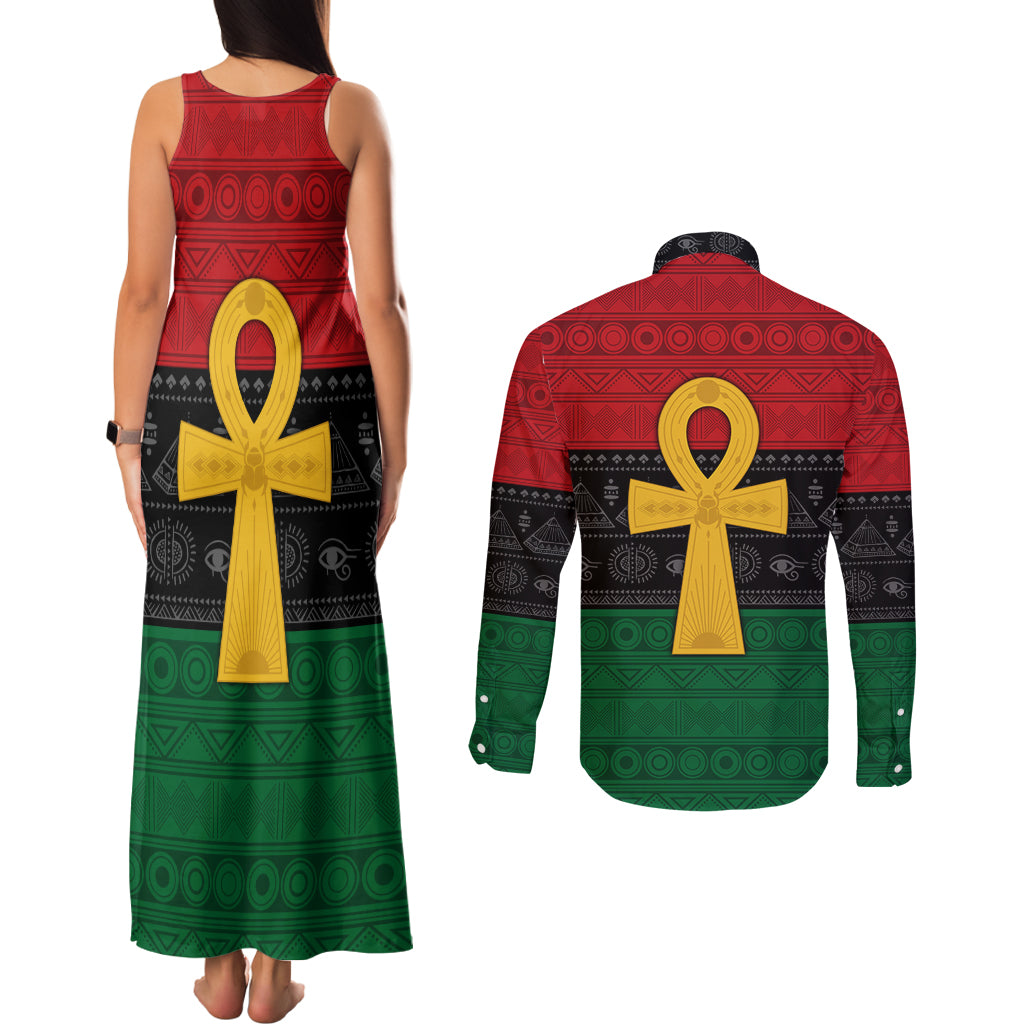 Pan African Ankh Couples Matching Tank Maxi Dress and Long Sleeve Button Shirt Egyptian Cross - Wonder Print Shop