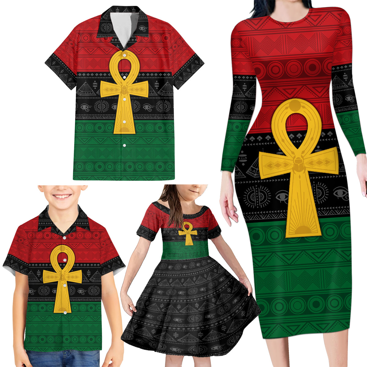 Pan African Ankh Family Matching Long Sleeve Bodycon Dress and Hawaiian Shirt Egyptian Cross - Wonder Print Shop