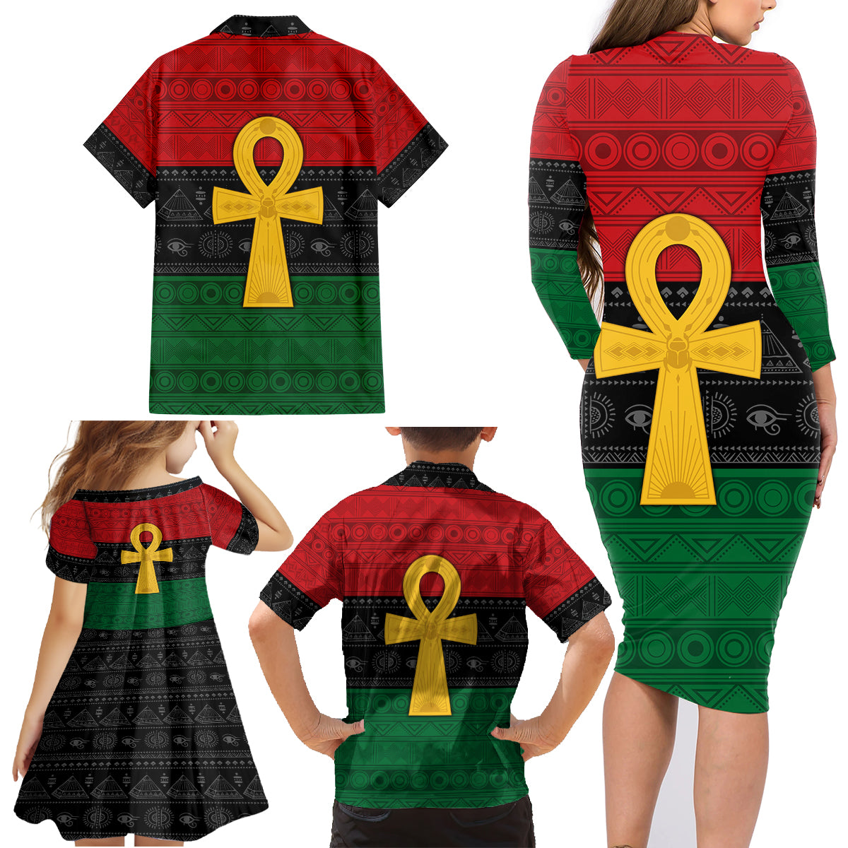 Pan African Ankh Family Matching Long Sleeve Bodycon Dress and Hawaiian Shirt Egyptian Cross - Wonder Print Shop