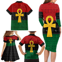 Pan African Ankh Family Matching Long Sleeve Bodycon Dress and Hawaiian Shirt Egyptian Cross - Wonder Print Shop