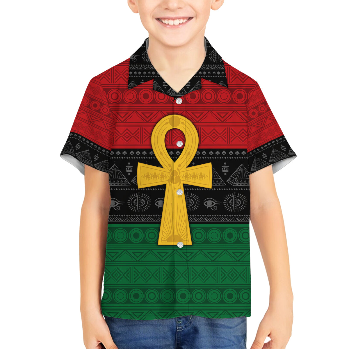Pan African Ankh Family Matching Long Sleeve Bodycon Dress and Hawaiian Shirt Egyptian Cross - Wonder Print Shop
