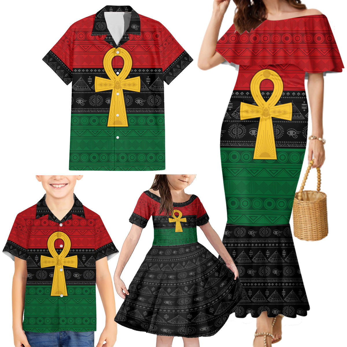 Pan African Ankh Family Matching Mermaid Dress and Hawaiian Shirt Egyptian Cross