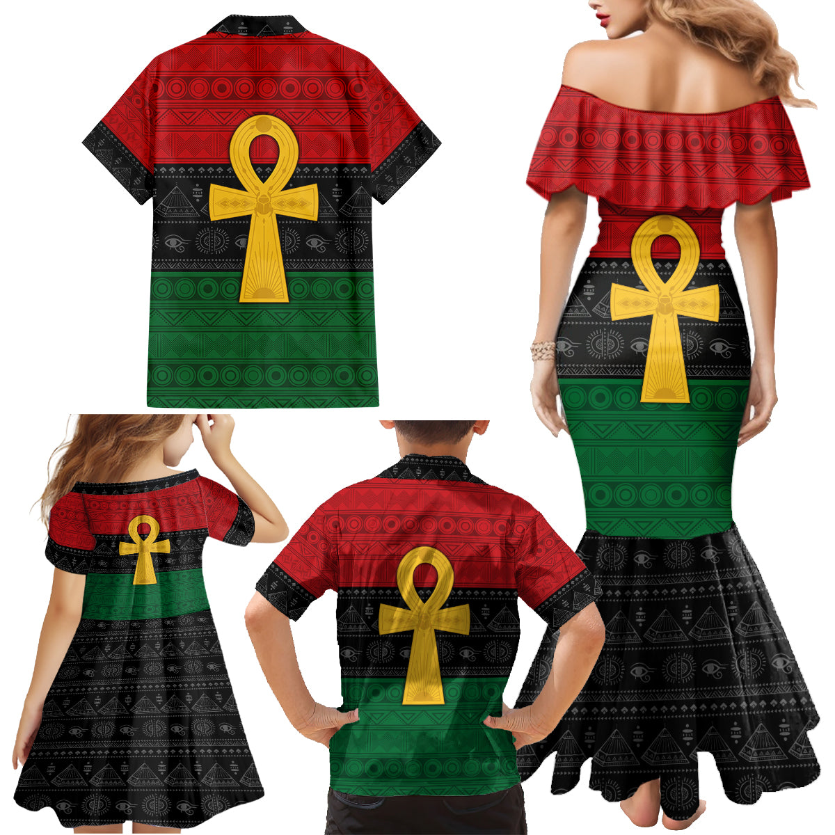 Pan African Ankh Family Matching Mermaid Dress and Hawaiian Shirt Egyptian Cross - Wonder Print Shop