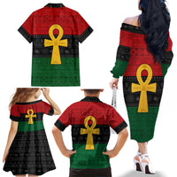 Pan African Ankh Family Matching Off Shoulder Long Sleeve Dress and Hawaiian Shirt Egyptian Cross - Wonder Print Shop