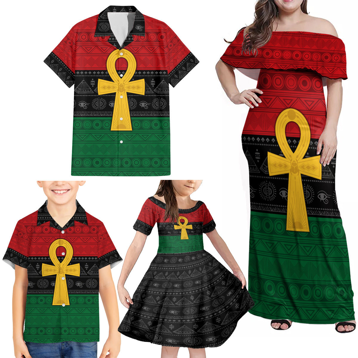 Pan African Ankh Family Matching Off Shoulder Maxi Dress and Hawaiian Shirt Egyptian Cross - Wonder Print Shop