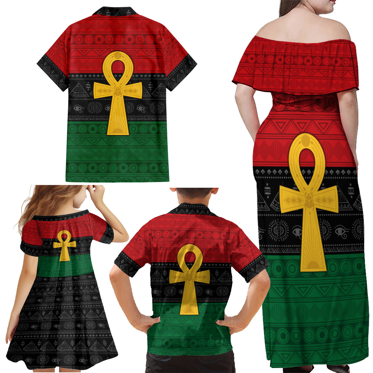 Pan African Ankh Family Matching Off Shoulder Maxi Dress and Hawaiian Shirt Egyptian Cross - Wonder Print Shop