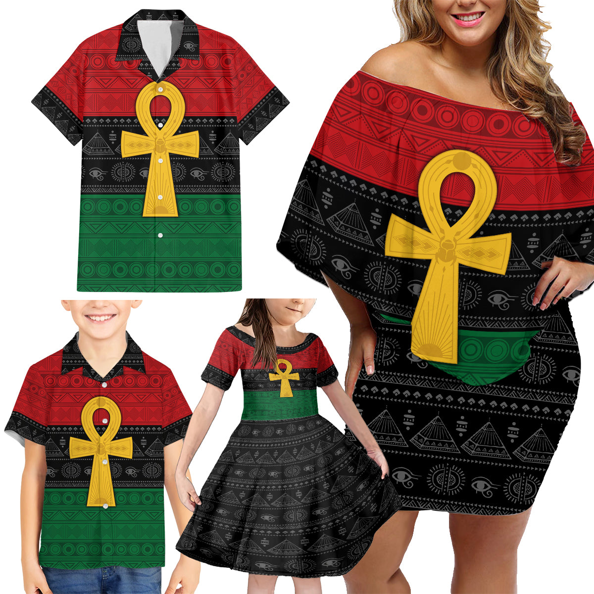 Pan African Ankh Family Matching Off Shoulder Short Dress and Hawaiian Shirt Egyptian Cross - Wonder Print Shop