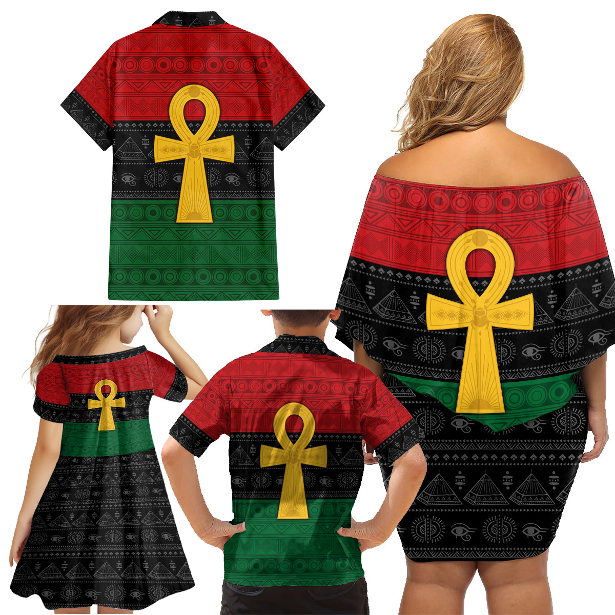 Pan African Ankh Family Matching Off Shoulder Short Dress and Hawaiian Shirt Egyptian Cross - Wonder Print Shop
