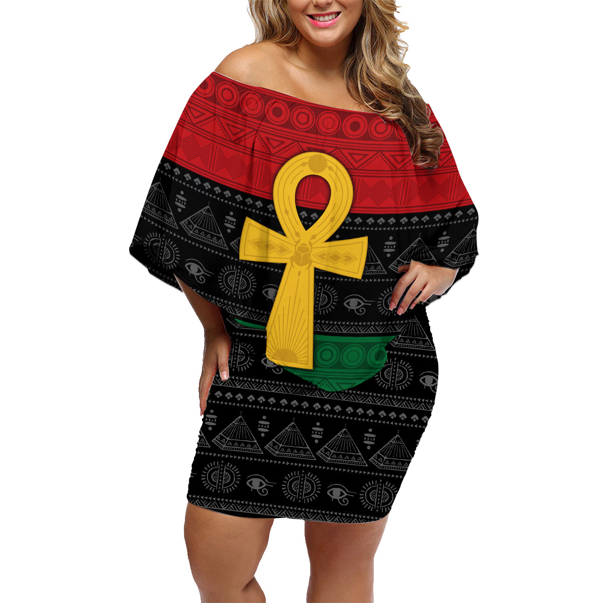 Pan African Ankh Family Matching Off Shoulder Short Dress and Hawaiian Shirt Egyptian Cross - Wonder Print Shop