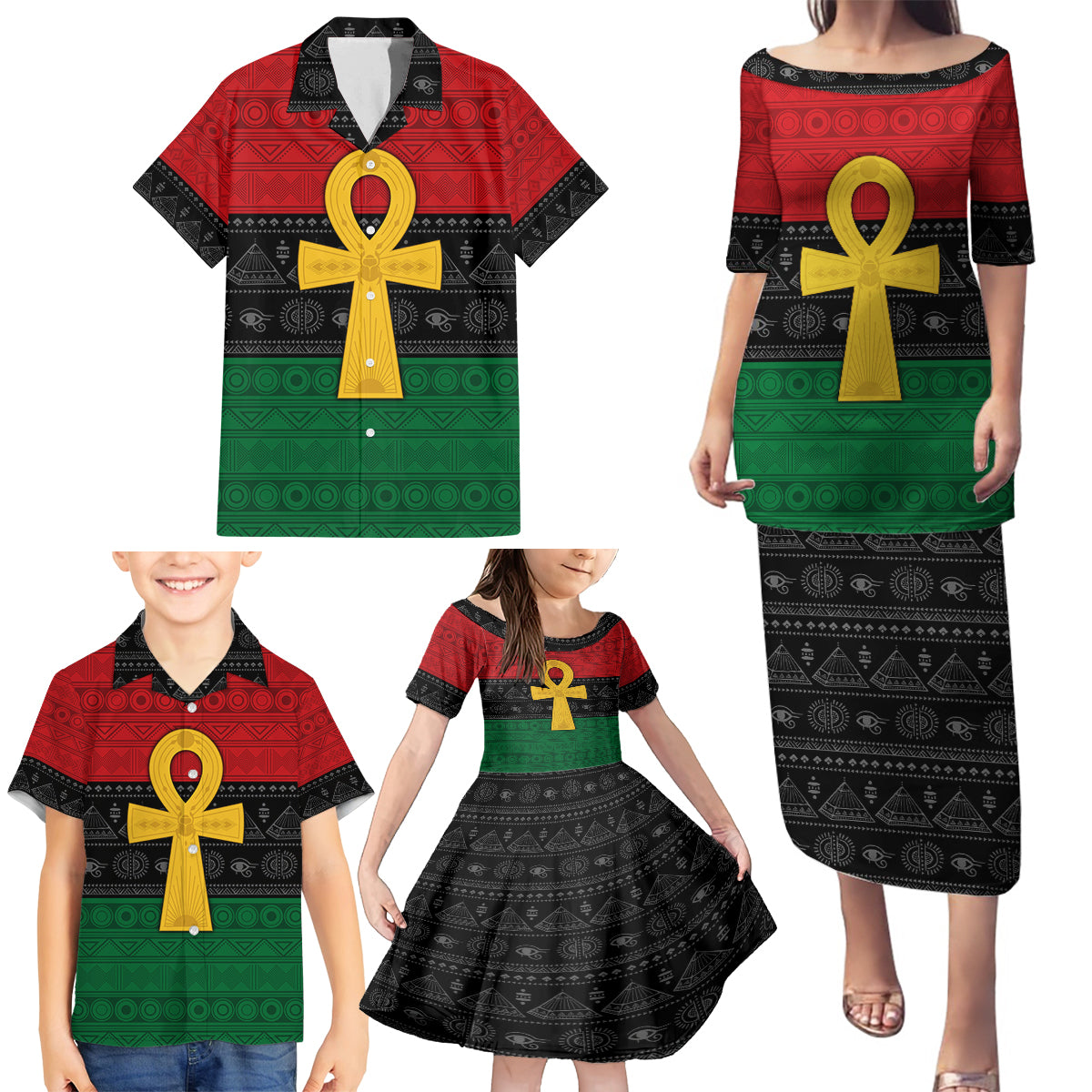 Pan African Ankh Family Matching Puletasi and Hawaiian Shirt Egyptian Cross - Wonder Print Shop