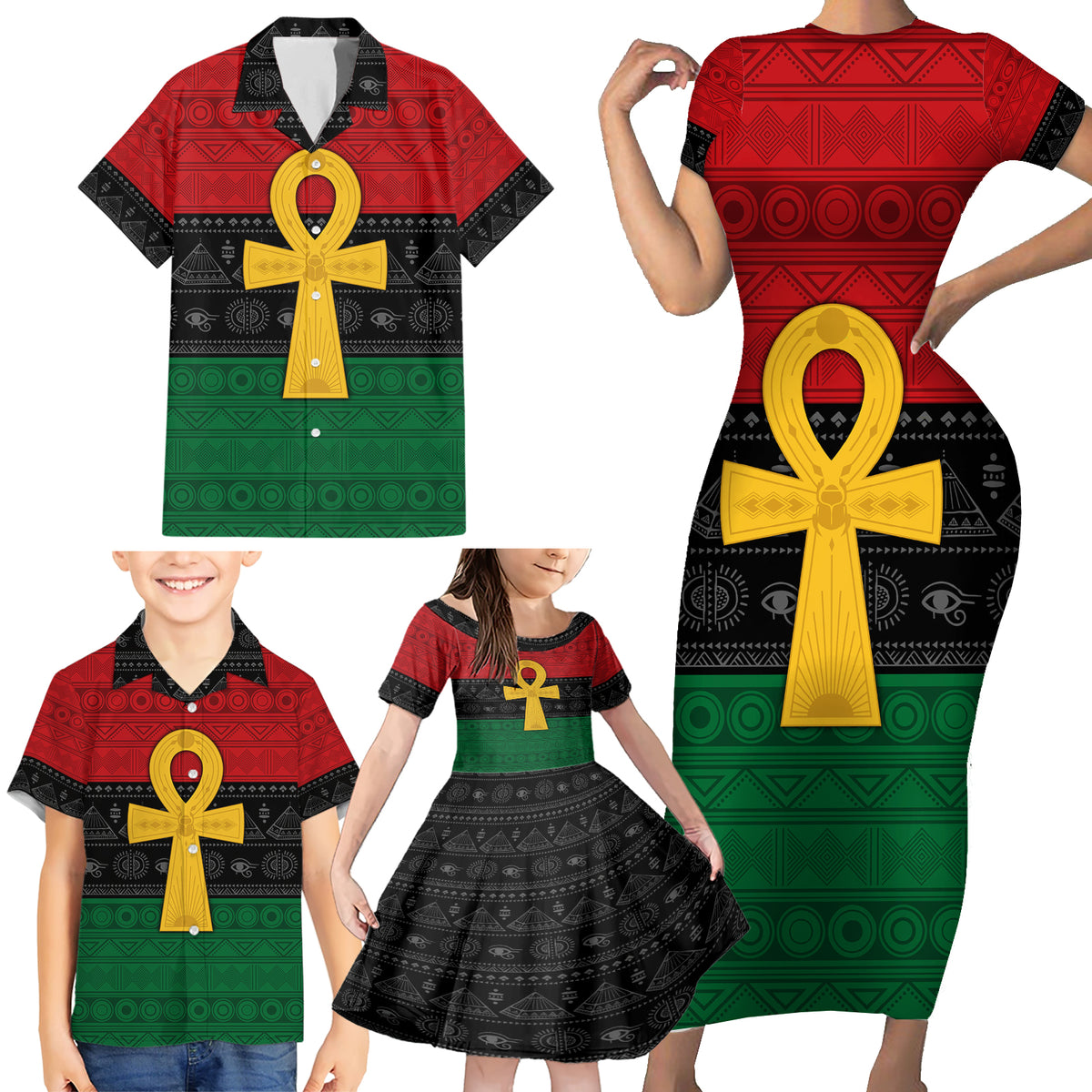 Pan African Ankh Family Matching Short Sleeve Bodycon Dress and Hawaiian Shirt Egyptian Cross - Wonder Print Shop
