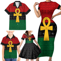Pan African Ankh Family Matching Short Sleeve Bodycon Dress and Hawaiian Shirt Egyptian Cross - Wonder Print Shop