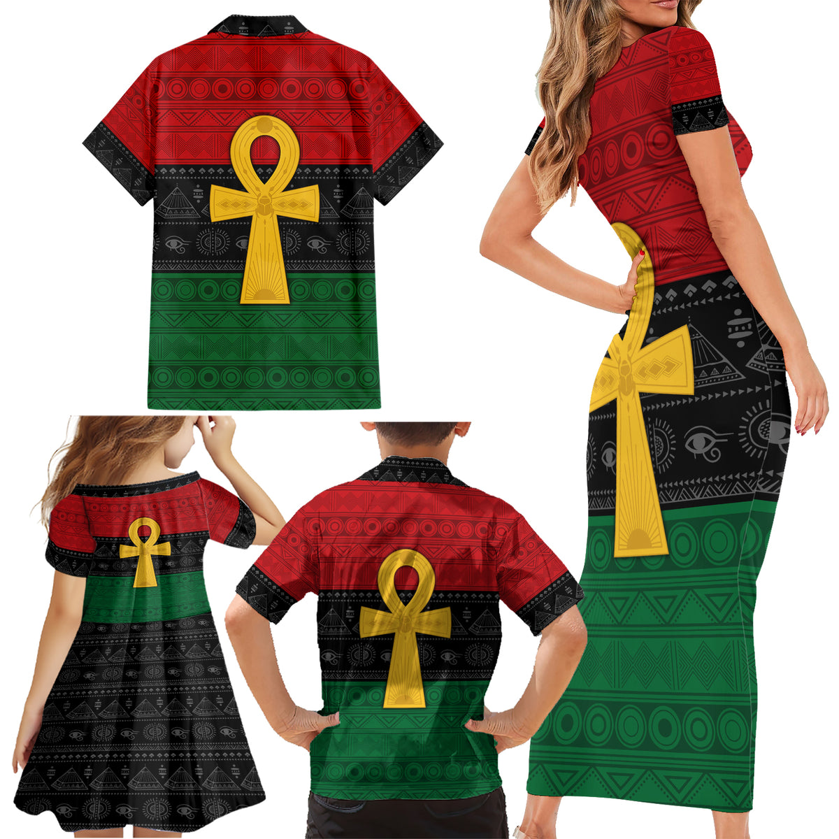 Pan African Ankh Family Matching Short Sleeve Bodycon Dress and Hawaiian Shirt Egyptian Cross - Wonder Print Shop